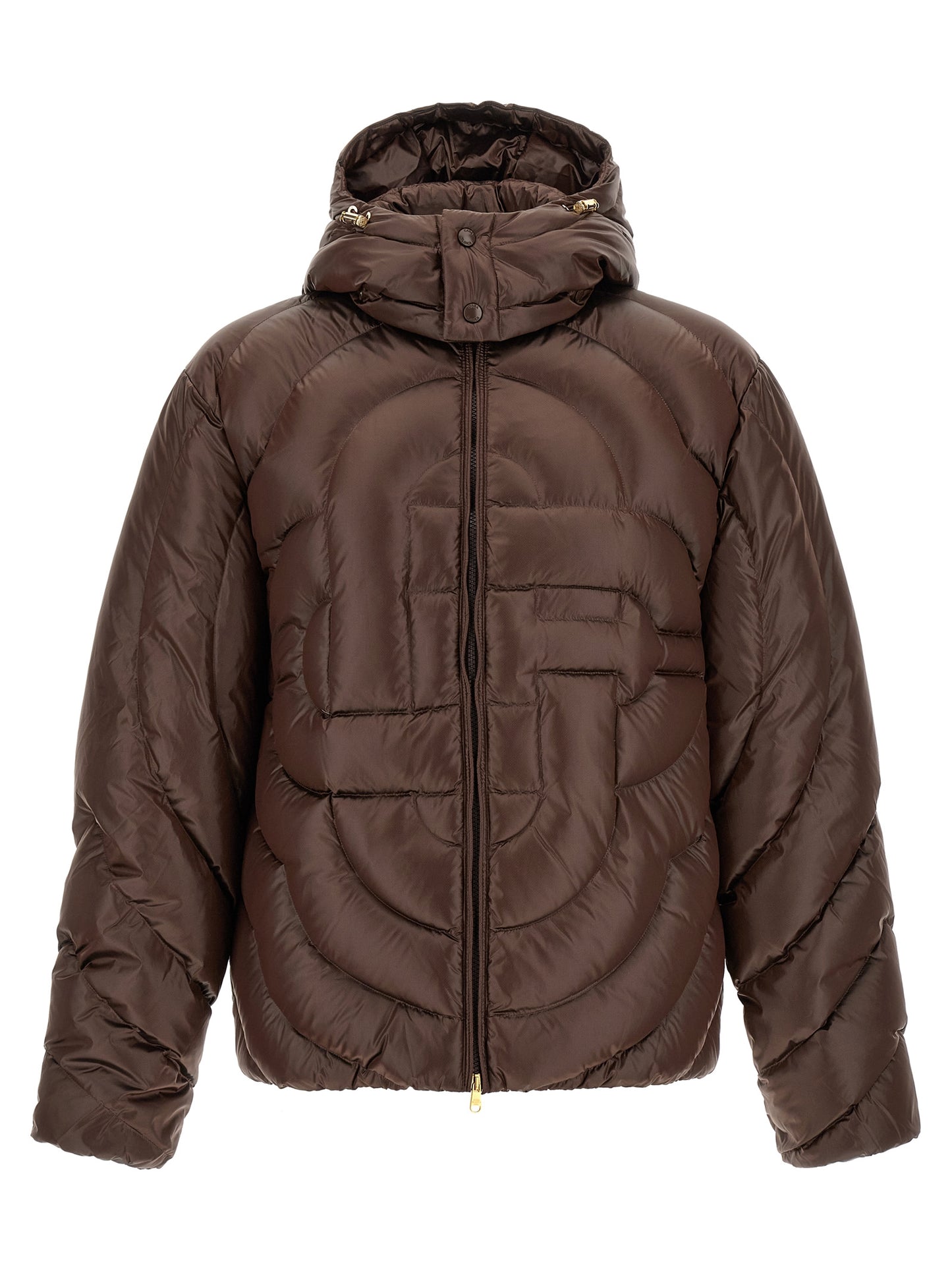 Hooded Puffer Jacket by Casablanca for men in polyamide brown, gold, herringbone & monogram features a dramatic silhouette, showcasing a sophisticated hooded neckline and distinctive hooded & insulated for a dramatic aesthetic.