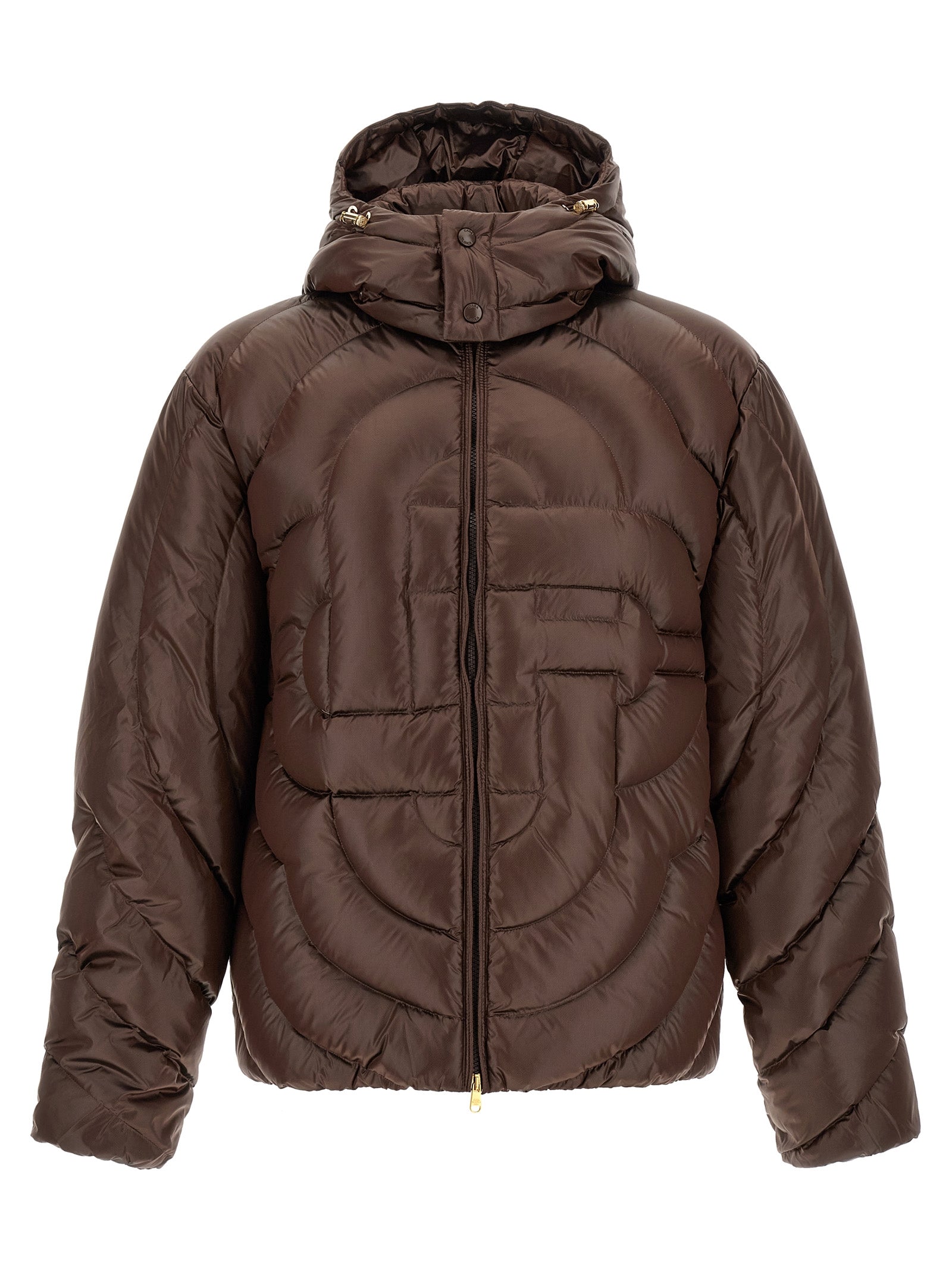 Hooded Puffer Jacket by Casablanca for men in polyamide brown, gold, herringbone & monogram features a dramatic silhouette, showcasing a sophisticated hooded neckline and distinctive hooded & insulated for a dramatic aesthetic.