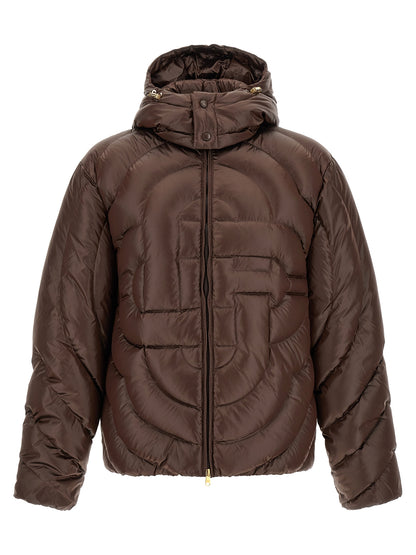 Hooded Puffer Jacket by Casablanca for men in polyamide brown, gold, herringbone & monogram features a dramatic silhouette, showcasing a sophisticated hooded neckline and distinctive hooded & insulated for a dramatic aesthetic.