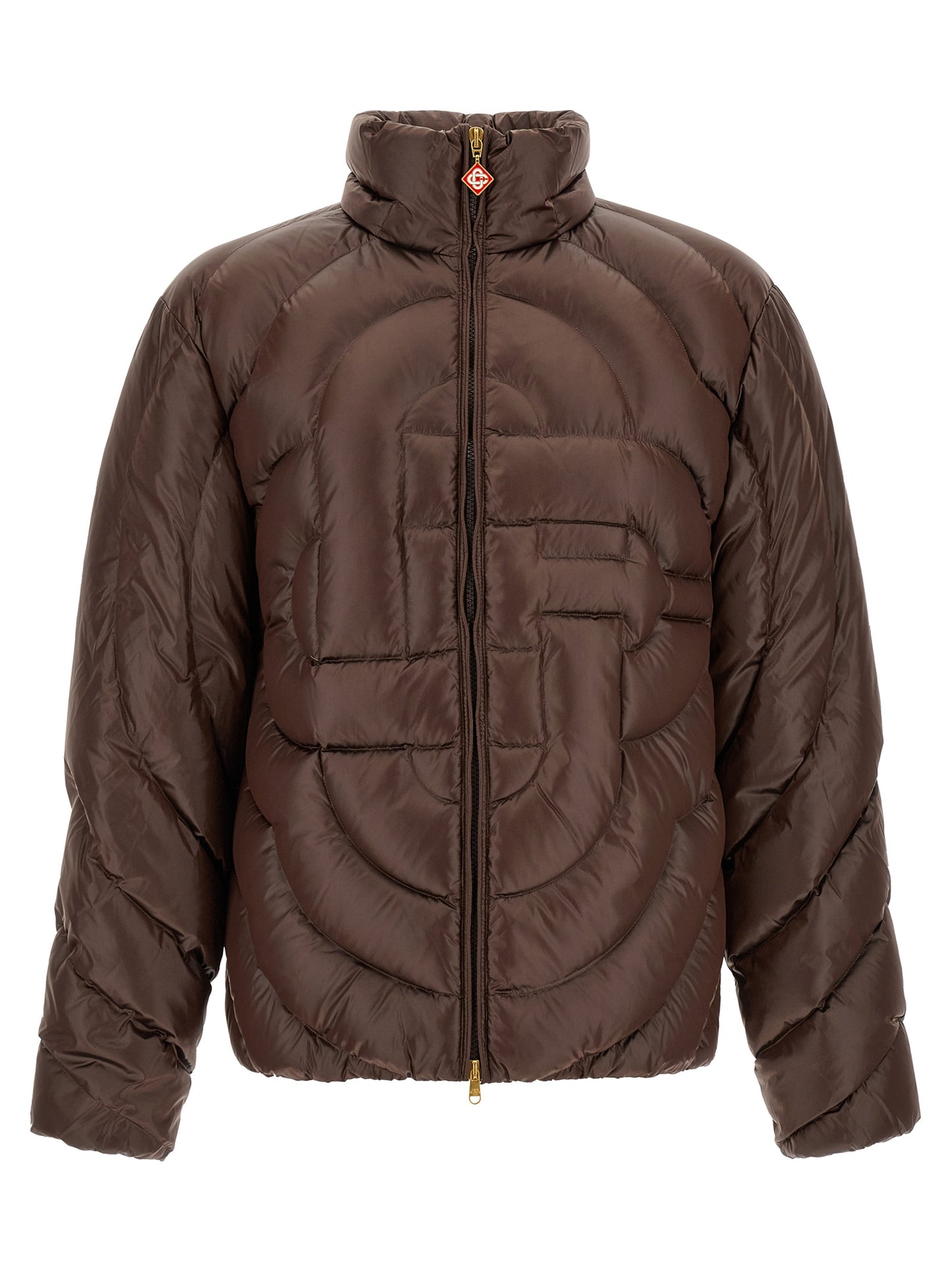 Hooded Puffer Jacket by Casablanca for men in polyamide brown, gold, herringbone & monogram features a city-ready silhouette, detailed with hooded & insulated and a city-ready hooded neckline.