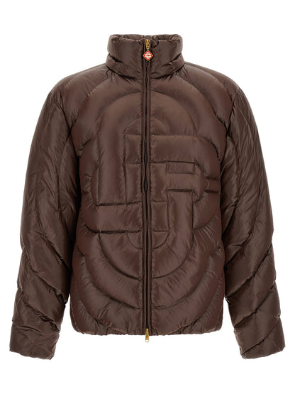 Hooded Puffer Jacket by Casablanca for men in polyamide brown, gold, herringbone & monogram features a city-ready silhouette, detailed with hooded & insulated and a city-ready hooded neckline.