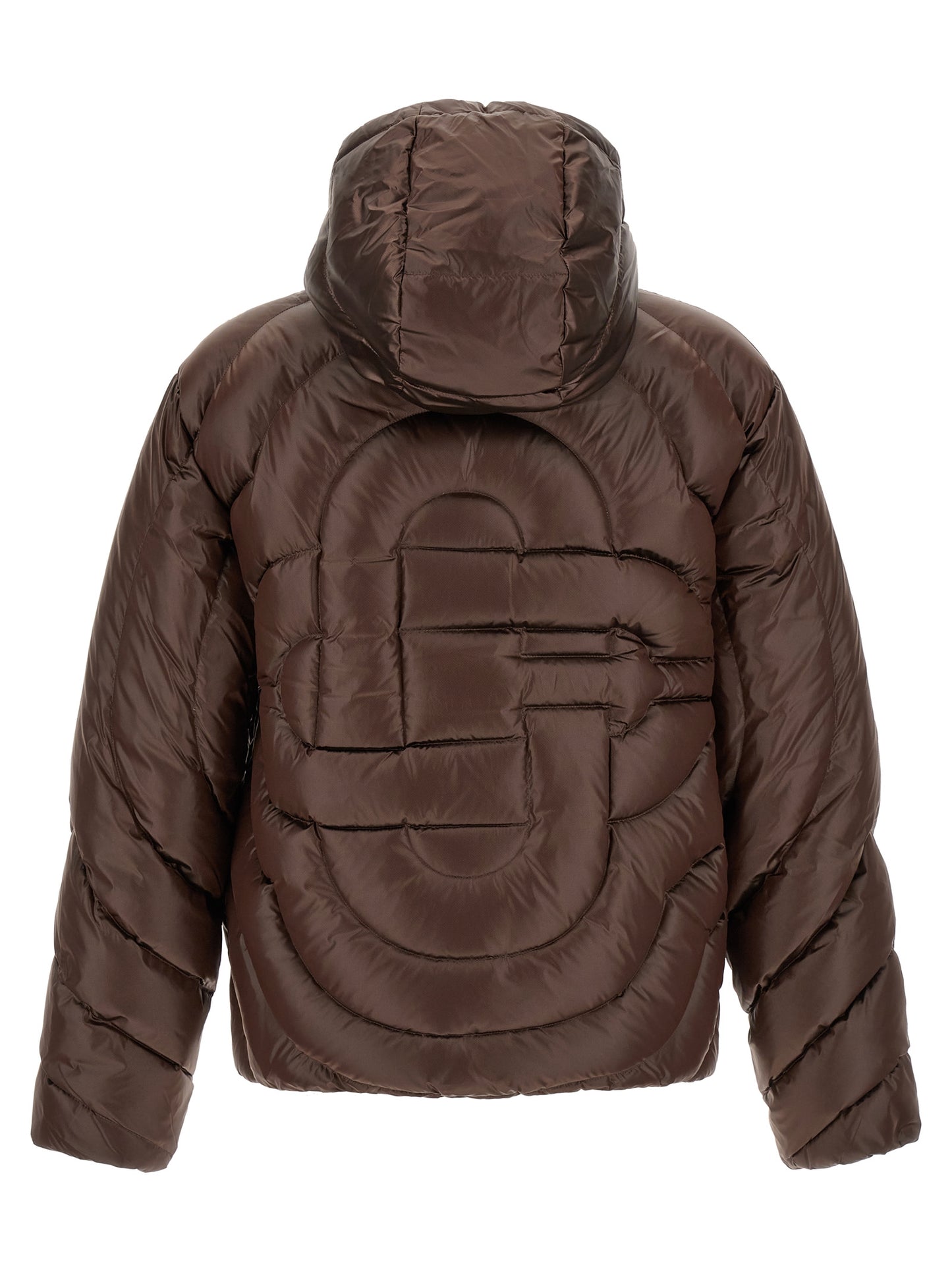 Hooded Puffer Jacket by Casablanca for men in polyamide brown, gold, herringbone & monogram features a dramatic silhouette, showcasing a sophisticated hooded neckline and distinctive hooded & insulated for a dramatic aesthetic.