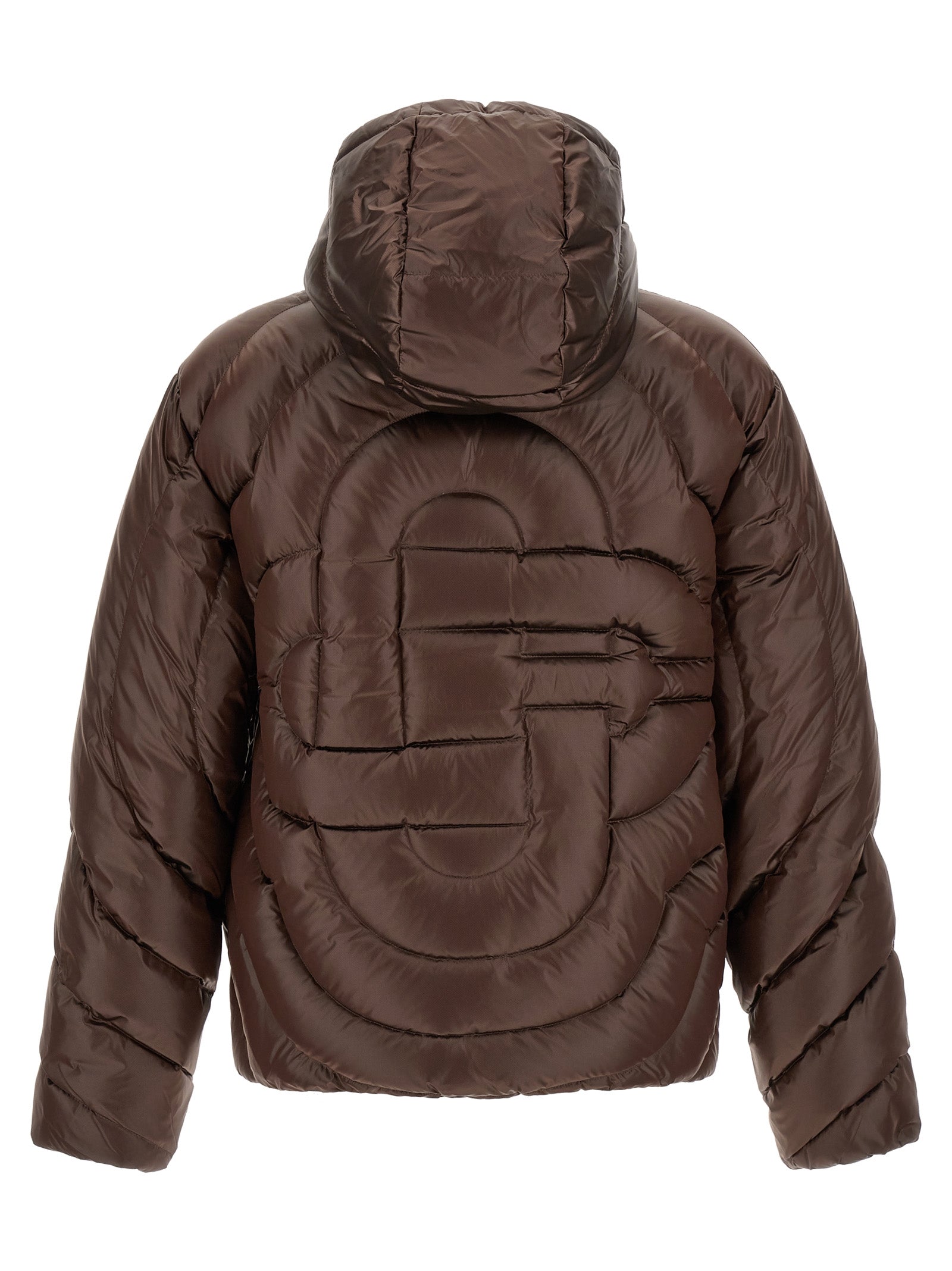 Hooded Puffer Jacket by Casablanca for men in polyamide brown, gold, herringbone & monogram features a dramatic silhouette, showcasing a sophisticated hooded neckline and distinctive hooded & insulated for a dramatic aesthetic.
