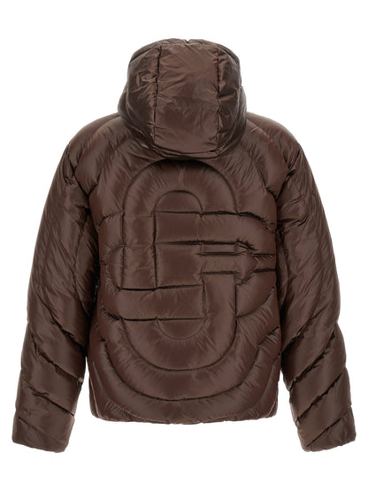 Hooded Puffer Jacket by Casablanca for men in polyamide brown, gold, herringbone & monogram features a dramatic silhouette, showcasing a sophisticated hooded neckline and distinctive hooded & insulated for a dramatic aesthetic.