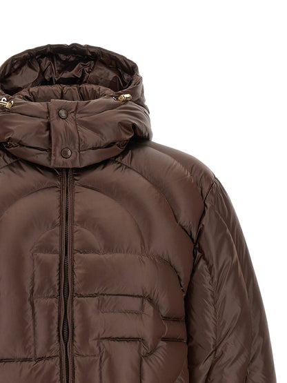 Hooded Puffer Jacket by Casablanca for men in polyamide brown, gold, herringbone & monogram showcases a bohemian silhouette, artfully detailed with a bohemian hooded neckline and signature hooded & insulated for a truly bohemian finish.