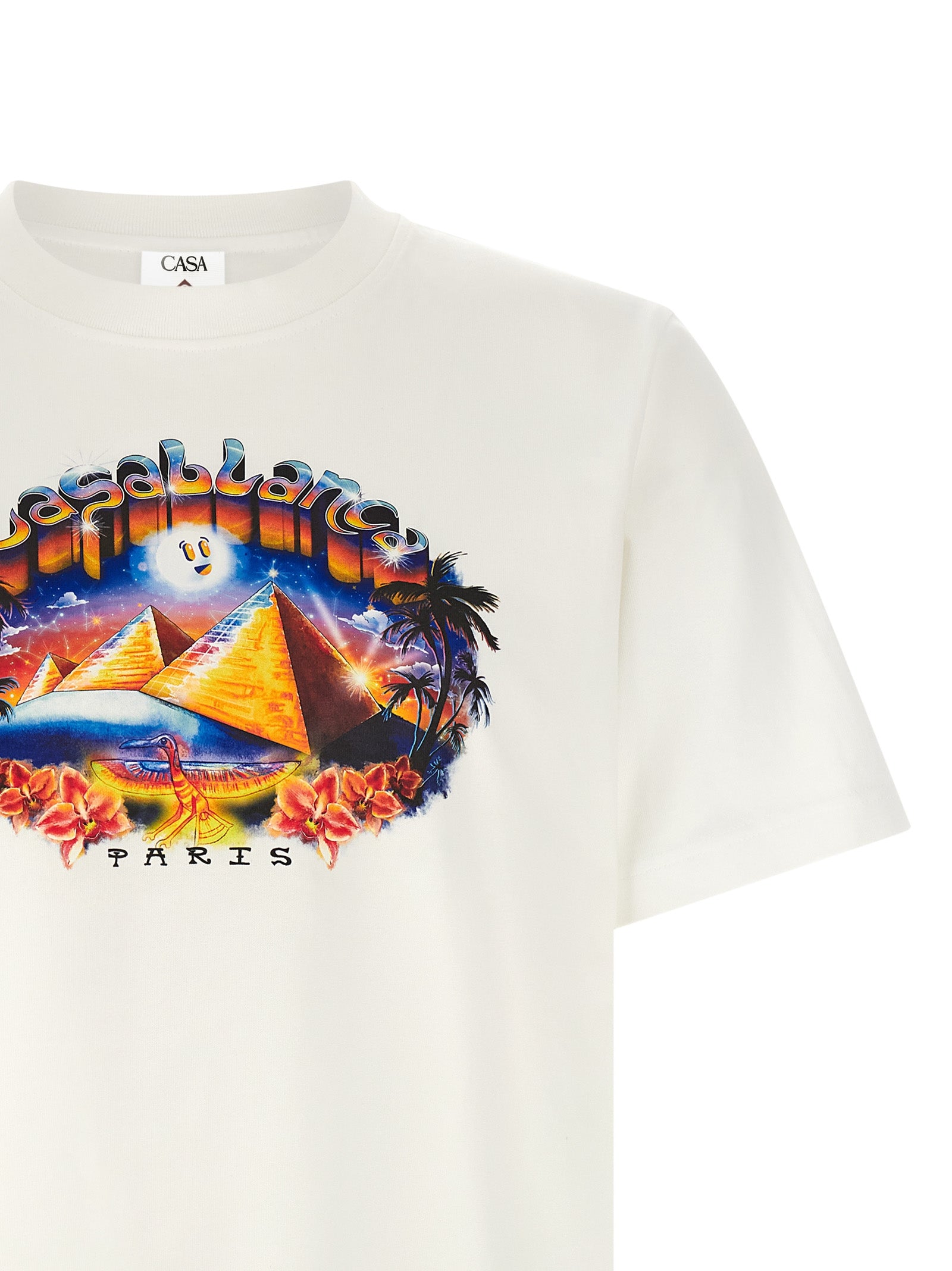 T-Shirt by Casablanca for men in organic cotton & canvas white & print features an edgy silhouette, meticulously detailed with a sophisticated and for a truly edgy finish.