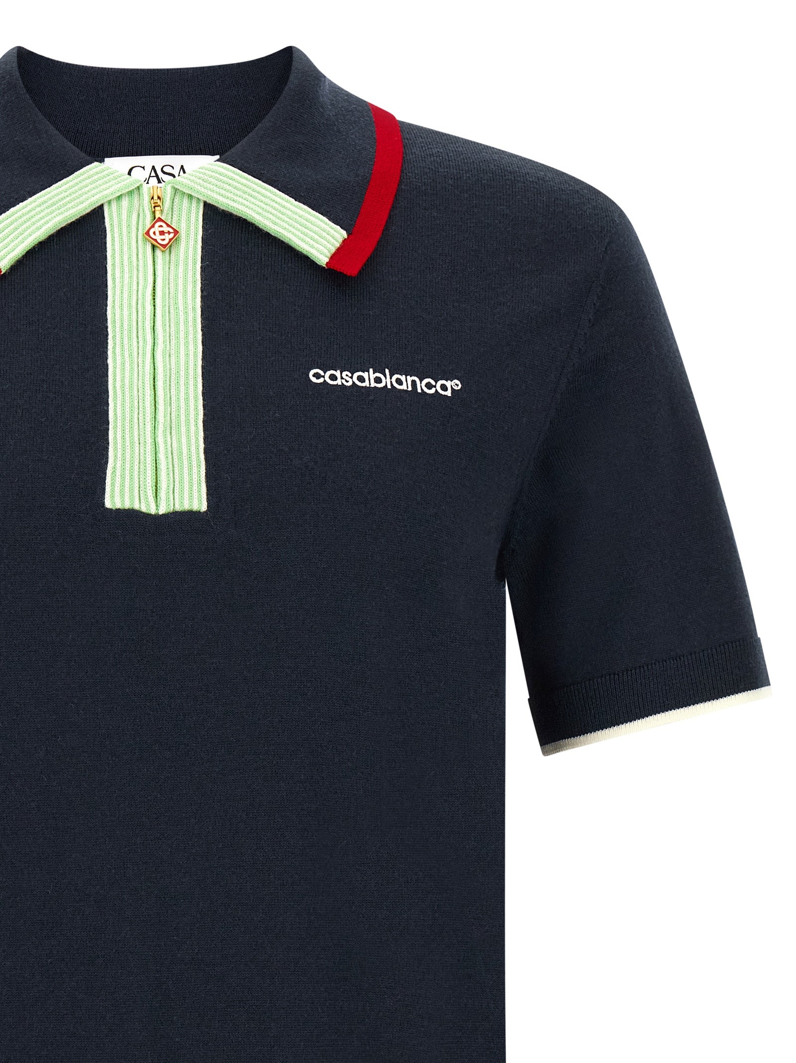 Polo Shirt by Casablanca for men in merino wool gold, green, navy, red, white & signature presents a distinguished silhouette, showcasing a sophisticated and distinguished for a truly distinguished finish.
