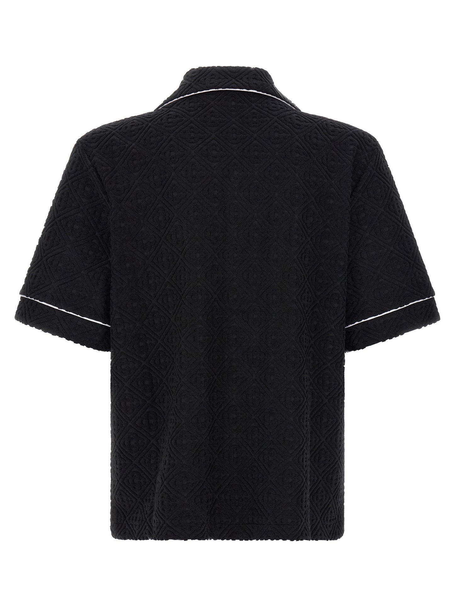 Shirt by Casablanca for men in cotton terry & polyamide black, white, patterned, jacquard & monogram features an architectural silhouette with a refined and elegant lapel neckline for a architectural look.