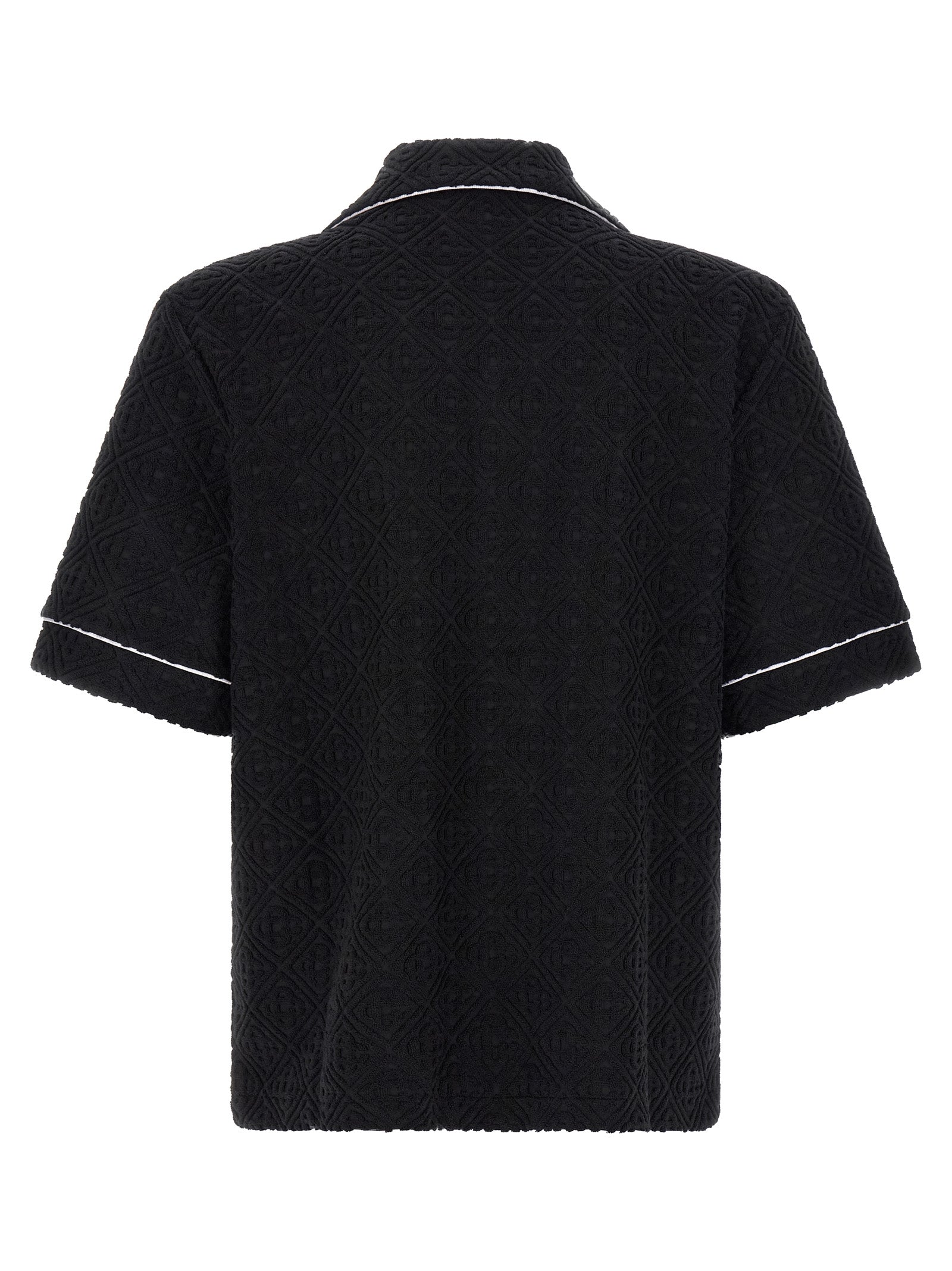 Shirt by Casablanca for men in cotton terry & polyamide black, white, patterned, jacquard & monogram features an architectural silhouette with a refined and elegant lapel neckline for a architectural look.