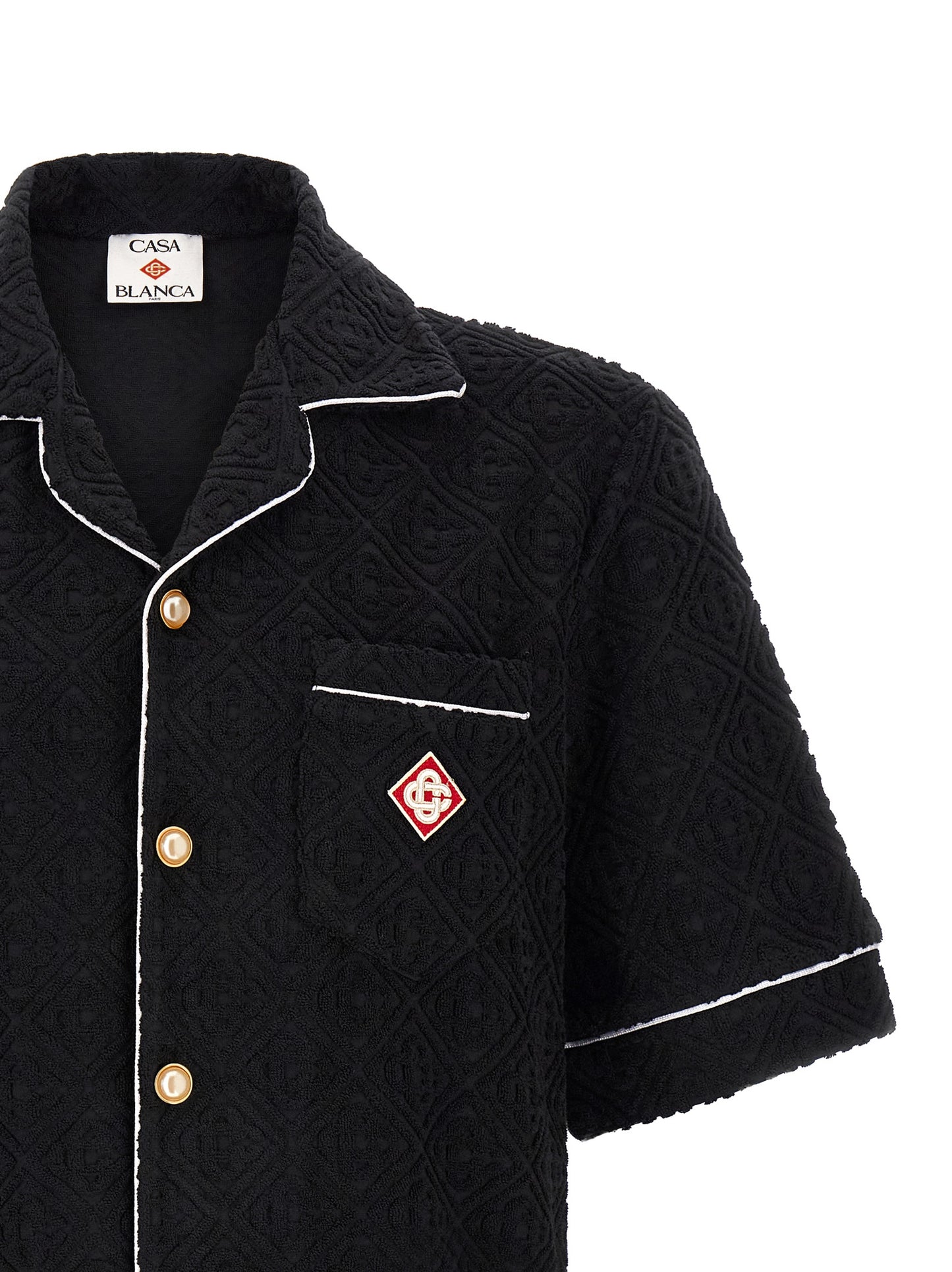 Shirt by Casablanca for men in cotton terry & polyamide black, white, patterned, jacquard & monogram showcases a sleek silhouette, elegantly detailed with a sleek lapel neckline and for a sleek finish.