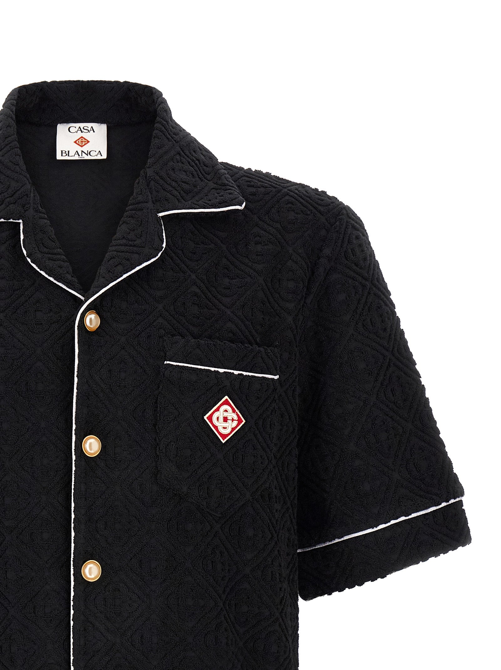 Shirt by Casablanca for men in cotton terry & polyamide black, white, patterned, jacquard & monogram showcases a sleek silhouette, elegantly detailed with a sleek lapel neckline and for a sleek finish.