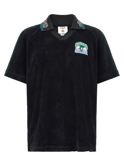 Polo Shirt by Casablanca for men in cotton terry cloth black, green & white presents a distinguished silhouette, showcasing a sophisticated v-neck neckline and distinguished for a truly distinguished finish.