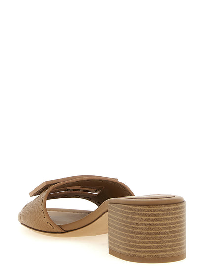 Flat Slider Sandals by Fendi for women in calfskin leather beige & patterned showcases a sculptural silhouette as Selleria Women's Calfskin Leather Flat Slider Sandals, defined by a sculptural flat and sculptural for a sculptural look.