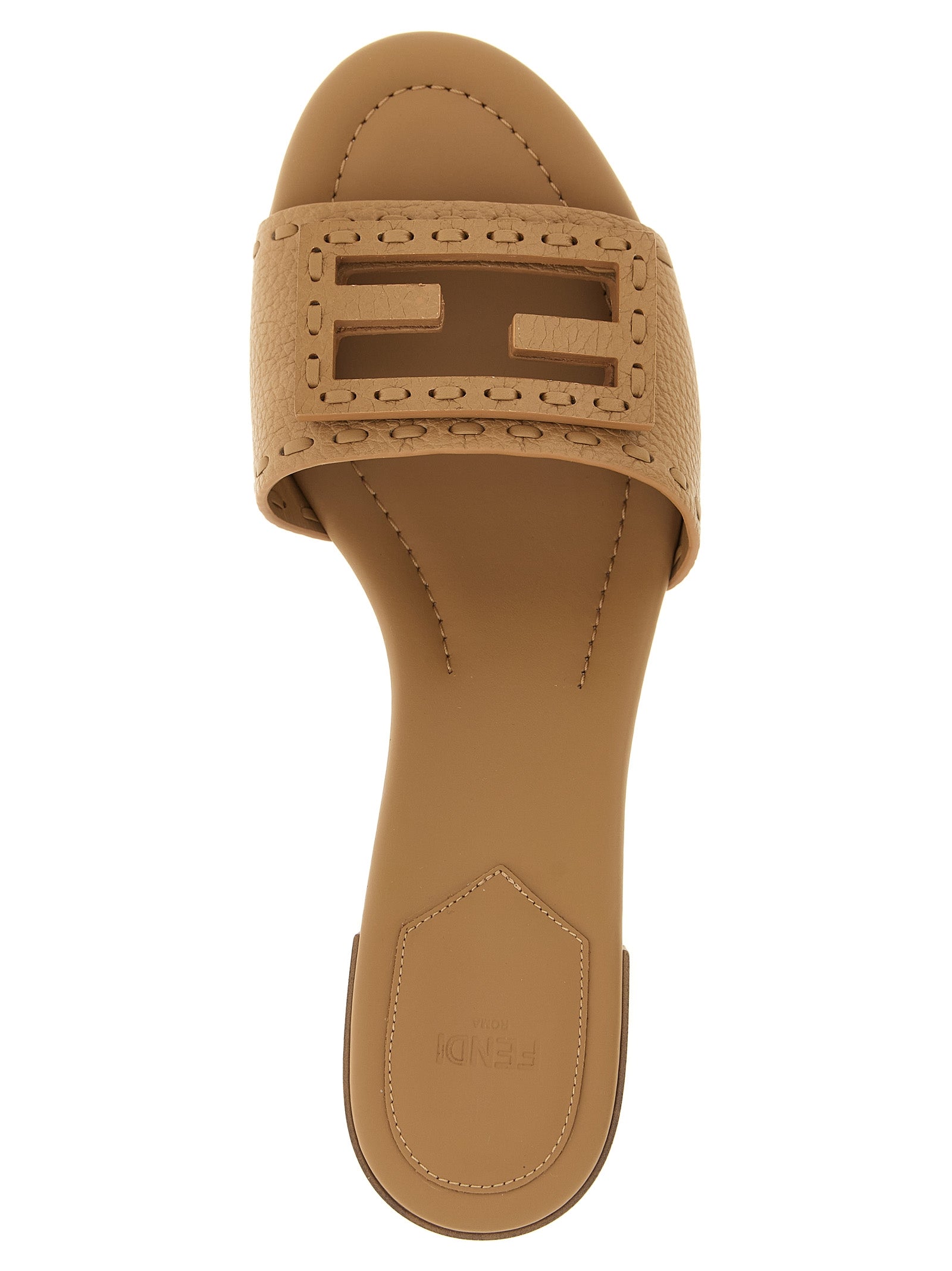 Flat Slider Sandals by Fendi for women in calfskin leather beige & patterned features an statuesque Selleria Women's Calfskin Leather Flat Slider Sandals silhouette with a refined flat and elegant .