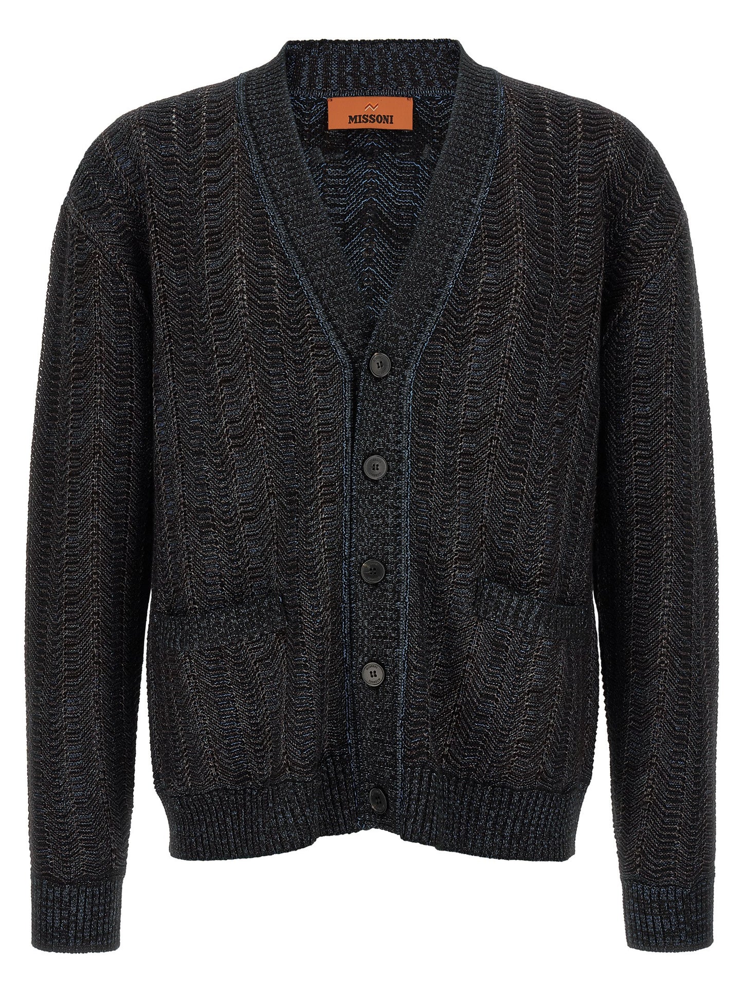 Cardigan by Missoni for men in polyester viscose wool blue showcases a captivating silhouette, artfully detailed with a captivating and v-neck plunging neckline for a truly sophisticated captivating look.
