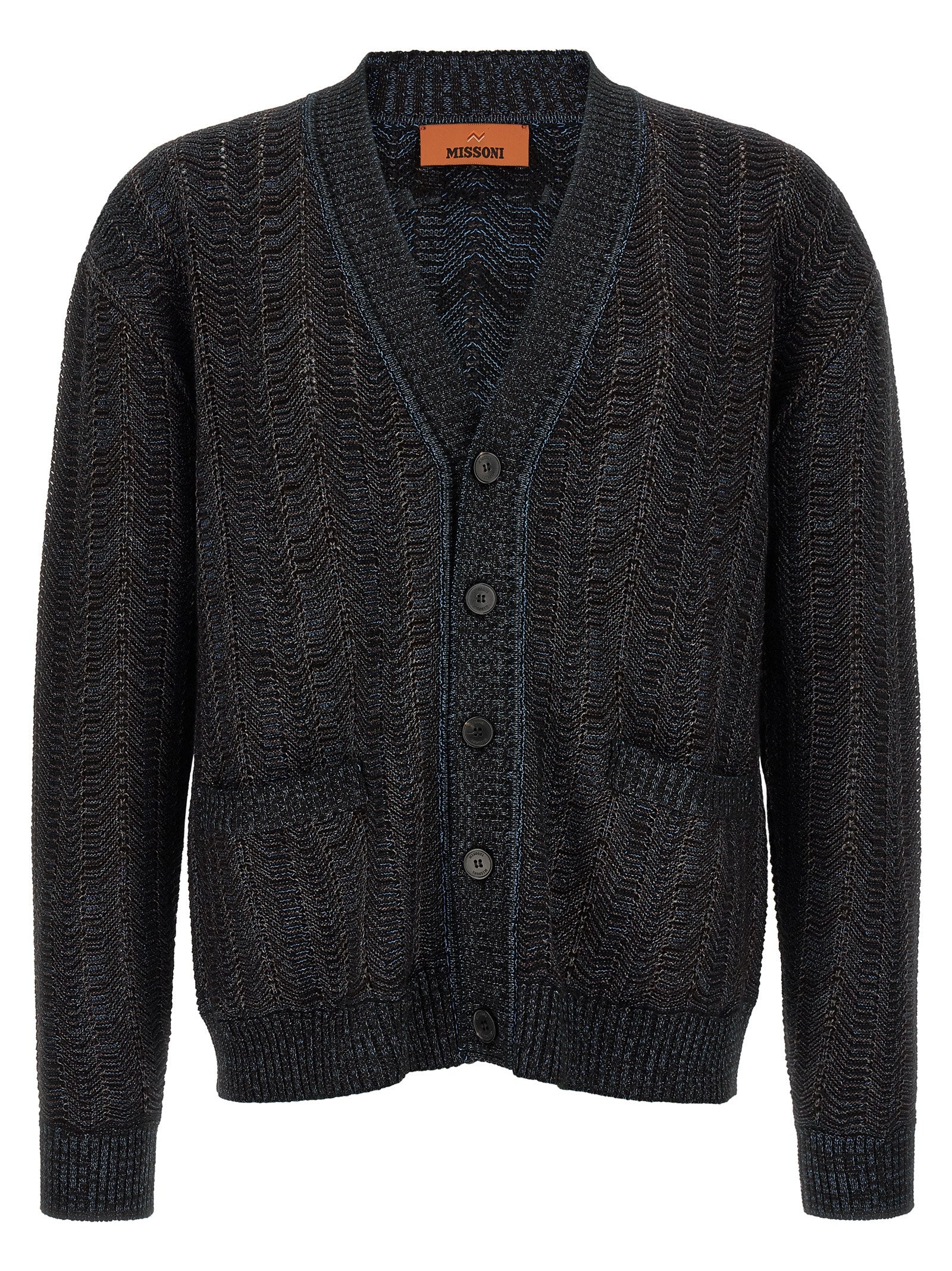 Cardigan by Missoni for men in polyester viscose wool blue showcases a captivating silhouette, artfully detailed with a captivating and v-neck plunging neckline for a truly sophisticated captivating look.