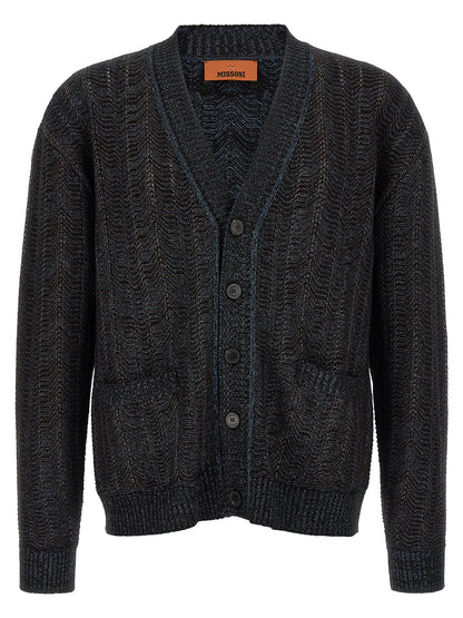Cardigan by Missoni for men in polyester viscose wool blue showcases a captivating silhouette, artfully detailed with a captivating and v-neck plunging neckline for a truly sophisticated captivating look.