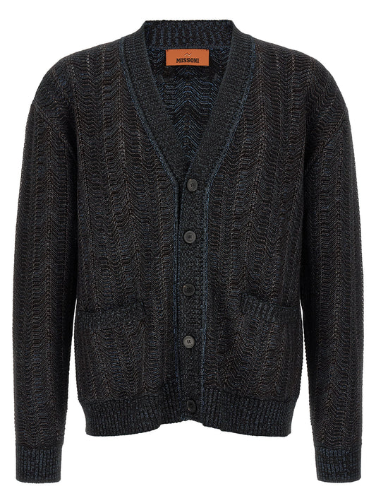 Cardigan by Missoni for men in polyester viscose wool blue showcases a captivating silhouette, artfully detailed with a captivating and v-neck plunging neckline for a truly sophisticated captivating look.