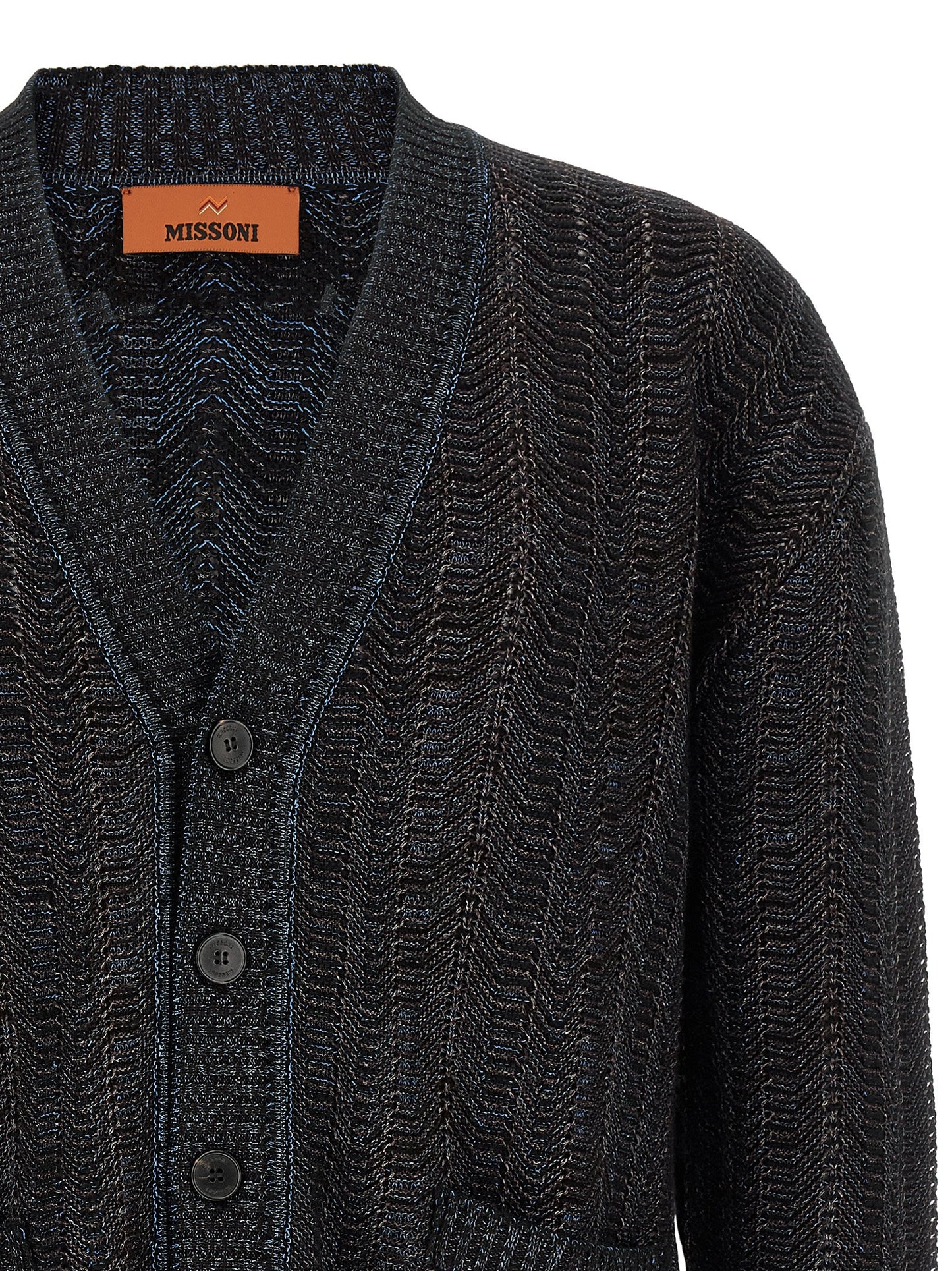 Cardigan by Missoni for men in polyester viscose wool blue showcases a luxurious silhouette, meticulously detailed with a sophisticated v-neck plunging neckline and for a refined finish.