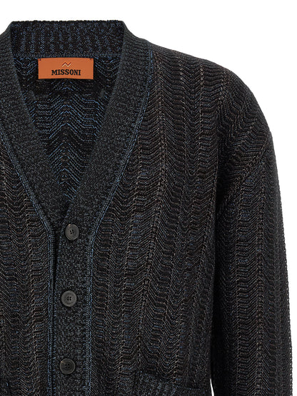 Cardigan by Missoni for men in polyester viscose wool blue showcases a luxurious silhouette, meticulously detailed with a sophisticated v-neck plunging neckline and for a refined finish.