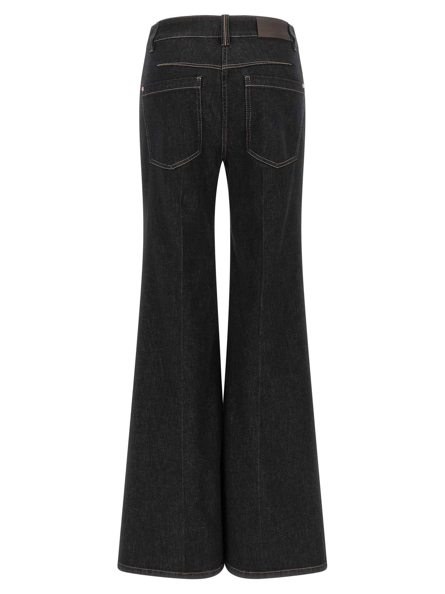 Jeans by Brunello Cucinelli for women in stretch denim cotton blue & signature features a polished silhouette with a polished flared, reaching a polished long and finished with a polished high rise.