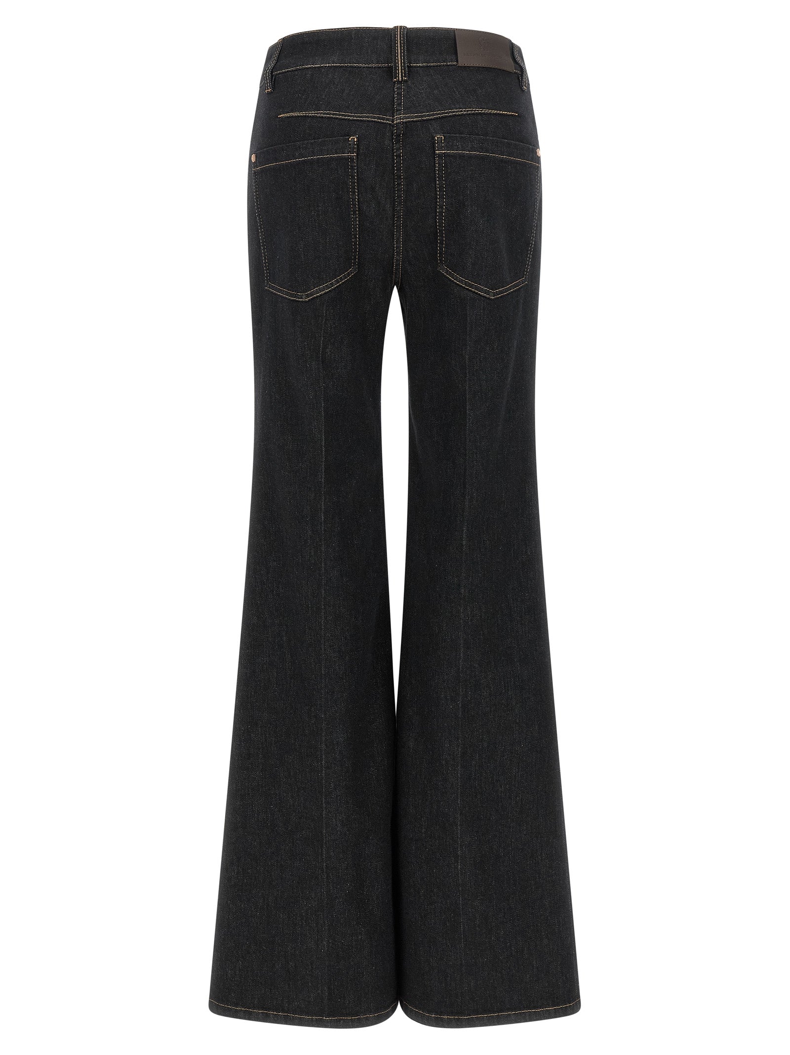 Jeans by Brunello Cucinelli for women in stretch denim cotton blue & signature features a polished silhouette with a polished flared, reaching a polished long and finished with a polished high rise.
