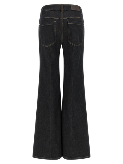 Jeans by Brunello Cucinelli for women in stretch denim cotton blue & signature features a polished silhouette with a polished flared, reaching a polished long and finished with a polished high rise.