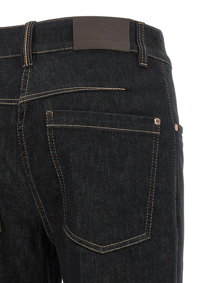 Jeans by Brunello Cucinelli for women in stretch denim cotton blue & signature features an refined tailoring silhouette, showcasing a premium flared with a high rise and long cut for a refined tailoring look.