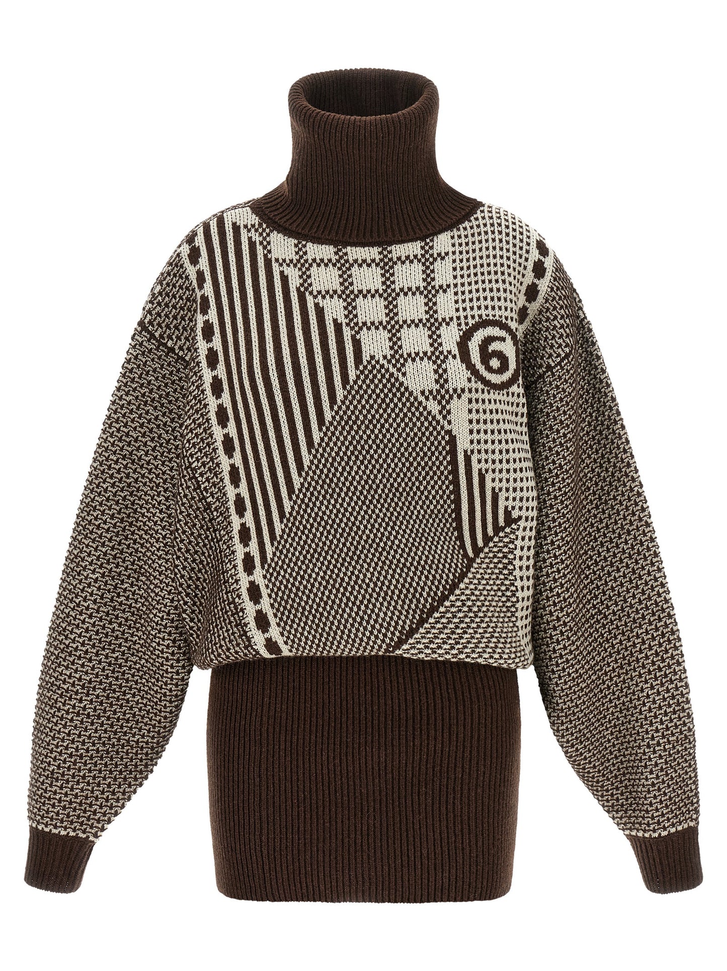 Dress by MM6 Maison Margiela for women in polyamide wool brown, cream, patterned & jacquard presents a sinuous silhouette, showcasing a sophisticated high-neck neckline and detailed with a sinuous short mini for a refined finish.
