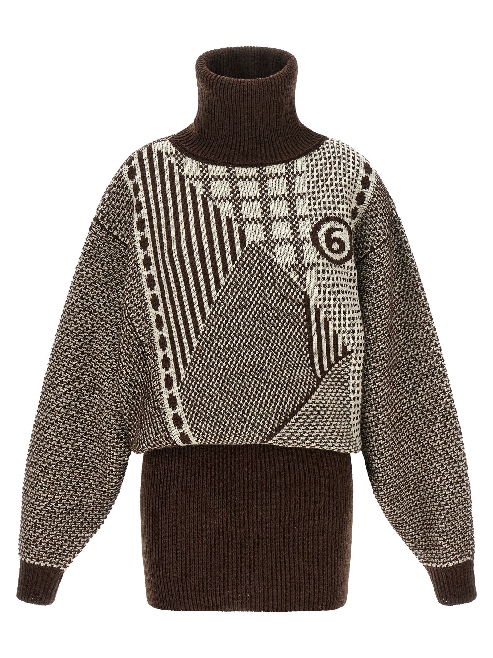 Dress by MM6 Maison Margiela for women in polyamide wool brown, cream, patterned & jacquard presents a sinuous silhouette, showcasing a sophisticated high-neck neckline and detailed with a sinuous short mini for a refined finish.