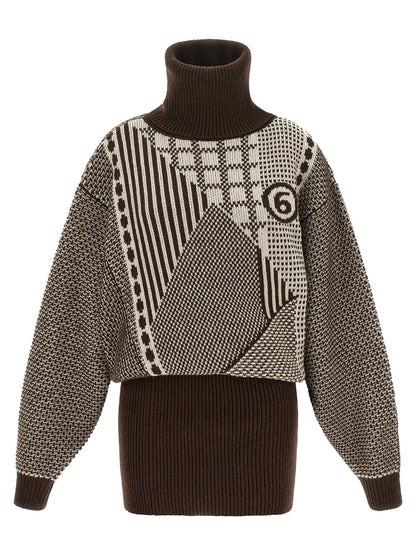 Dress by MM6 Maison Margiela for women in polyamide wool brown, cream, patterned & jacquard presents a sinuous silhouette, showcasing a sophisticated high-neck neckline and detailed with a sinuous short mini for a refined finish.
