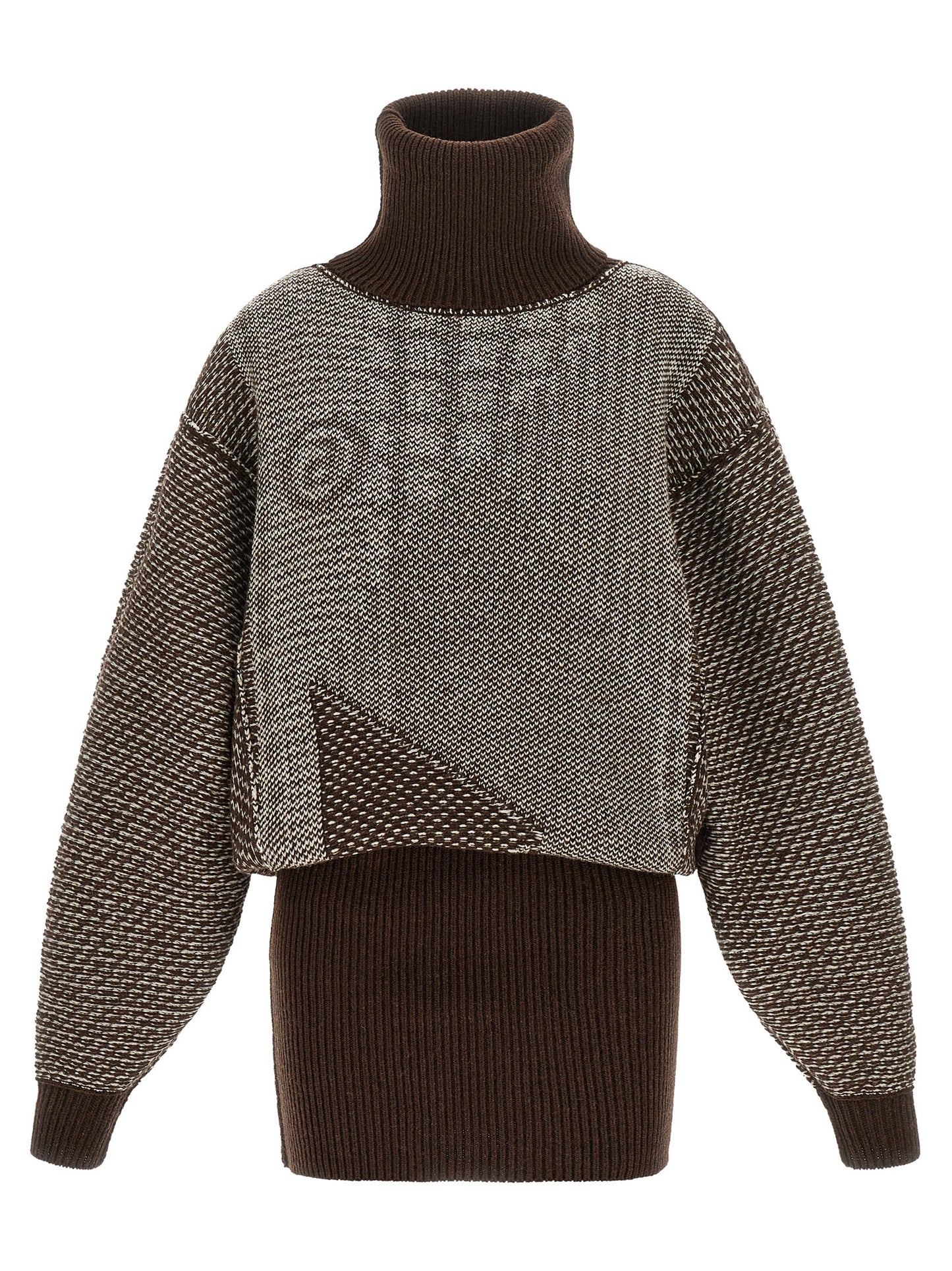 Dress by MM6 Maison Margiela for women in polyamide wool brown, cream, patterned & jacquard features an sultry silhouette defined by a high-neck neckline and , falling to an sultry short mini for a sultry look.