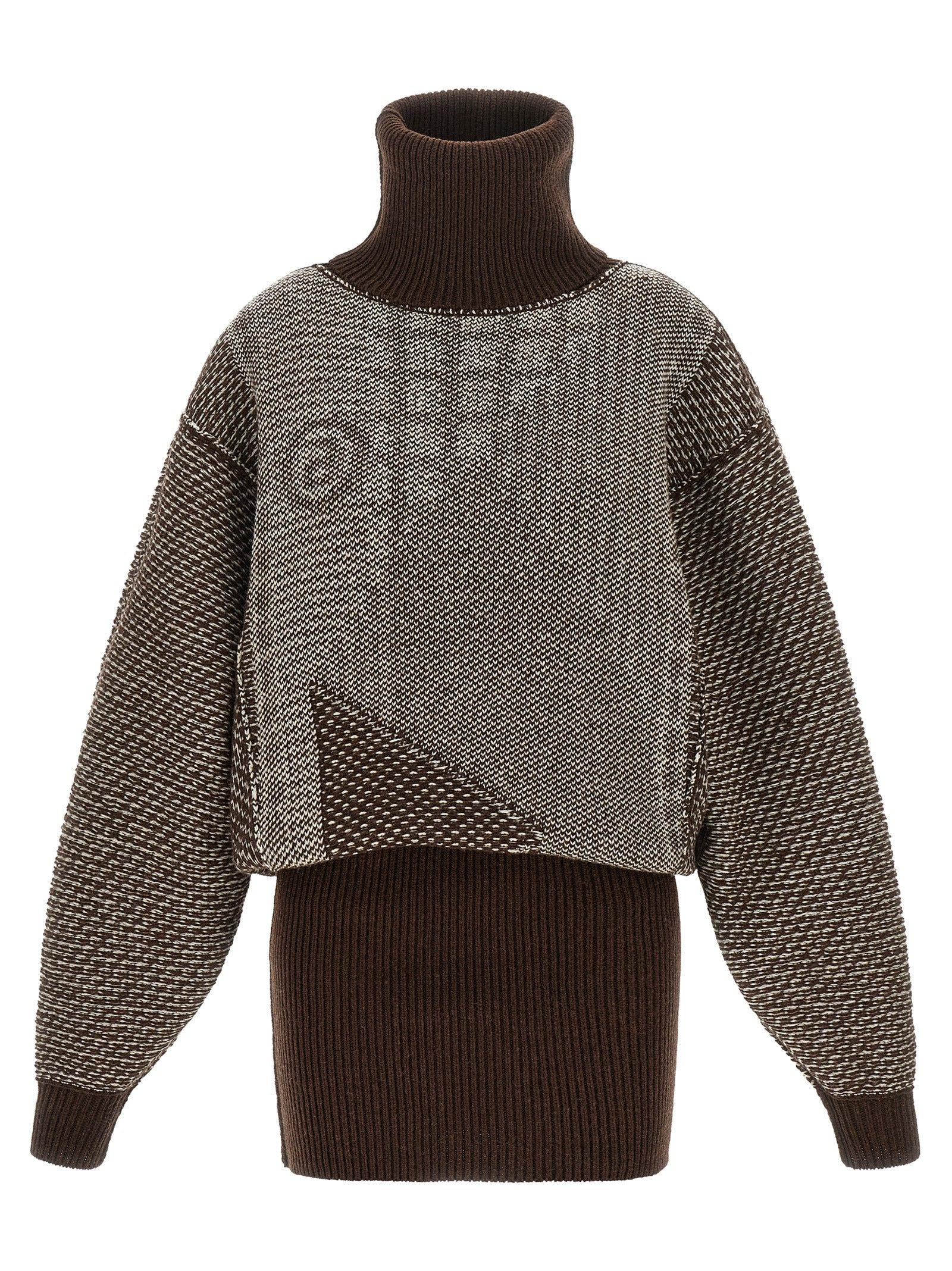 Dress by MM6 Maison Margiela for women in polyamide wool brown, cream, patterned & jacquard features an sultry silhouette defined by a high-neck neckline and , falling to an sultry short mini for a sultry look.