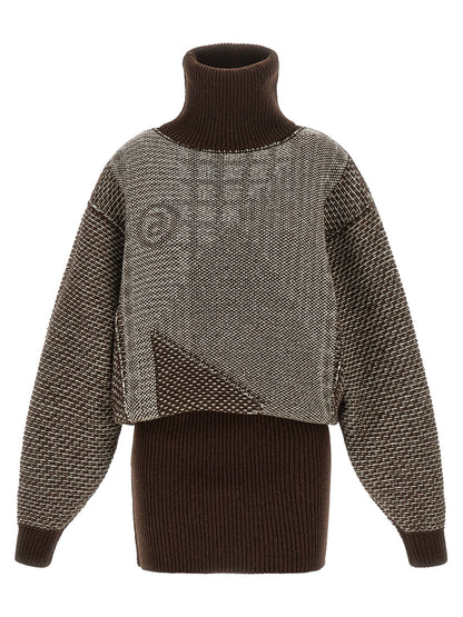 Dress by MM6 Maison Margiela for women in polyamide wool brown, cream, patterned & jacquard features an sultry silhouette defined by a high-neck neckline and , falling to an sultry short mini for a sultry look.