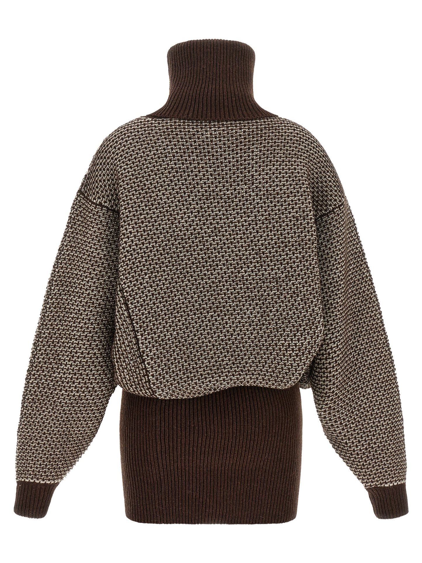 Dress by MM6 Maison Margiela for women in polyamide wool brown, cream, patterned & jacquard features an eye catching silhouette with a sophisticated high-neck neckline, elegant , and a refined short mini for a eye catching aesthetic.