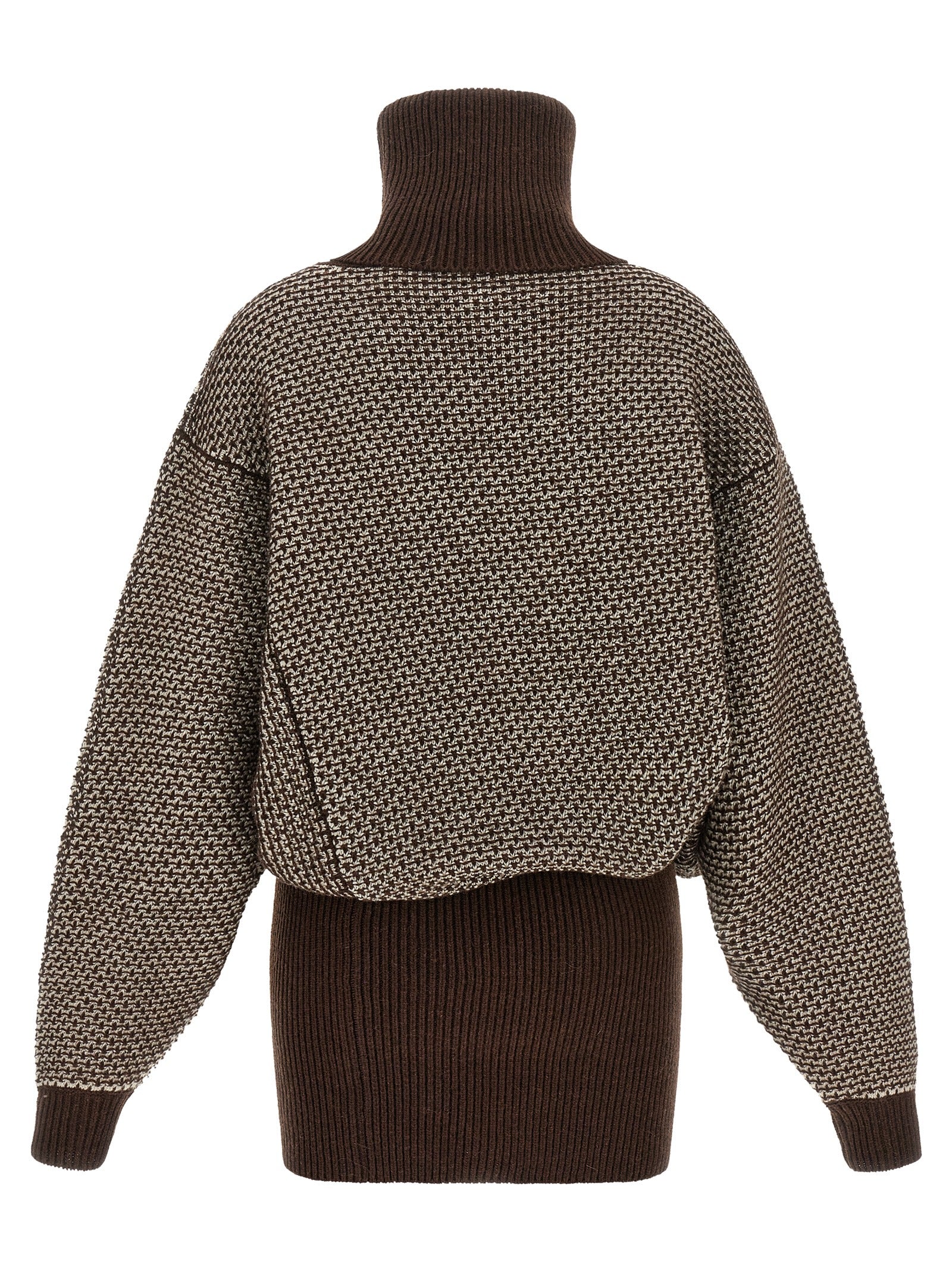 Dress by MM6 Maison Margiela for women in polyamide wool brown, cream, patterned & jacquard features an eye catching silhouette with a sophisticated high-neck neckline, elegant , and a refined short mini for a eye catching aesthetic.