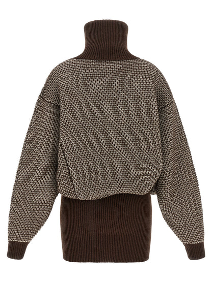 Dress by MM6 Maison Margiela for women in polyamide wool brown, cream, patterned & jacquard features an eye catching silhouette with a sophisticated high-neck neckline, elegant , and a refined short mini for a eye catching aesthetic.