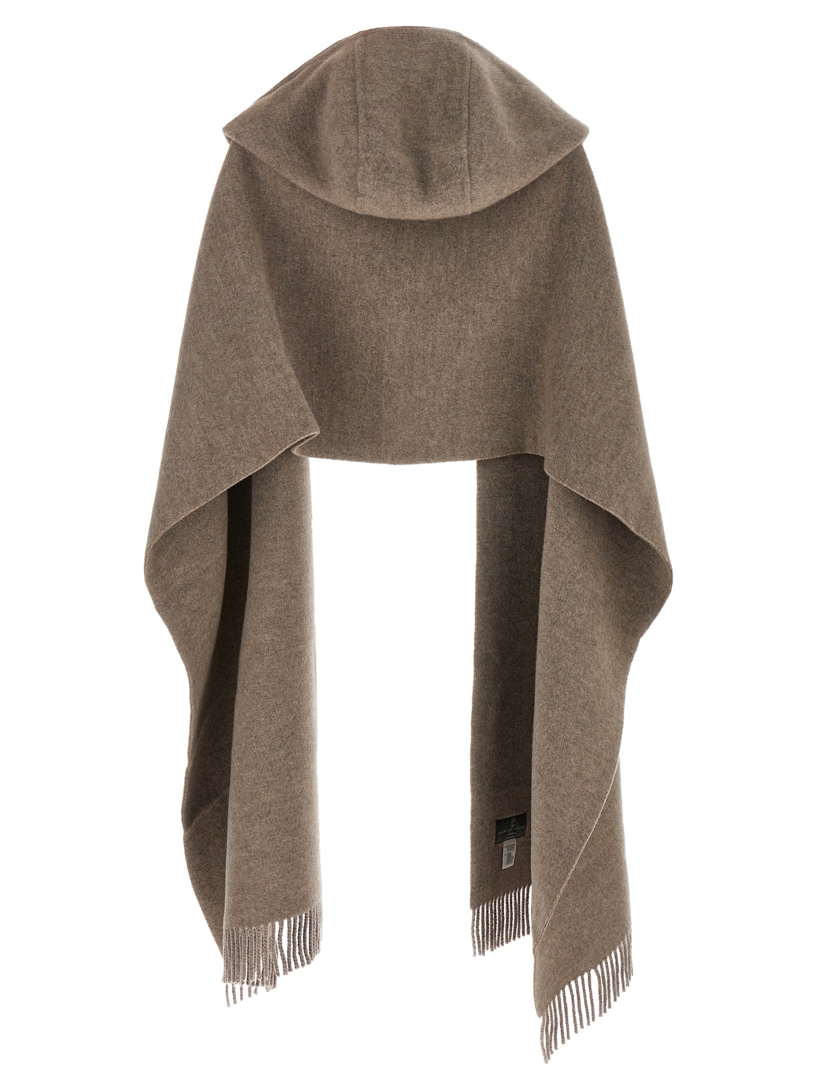 Hooded Scarf by Brunello Cucinelli for women in cashmere brown, hazelnut & signature presents a cosy silhouette, artfully capturing the sophisticated design and premium aesthetic of the Cashmere Hooded Scarf.