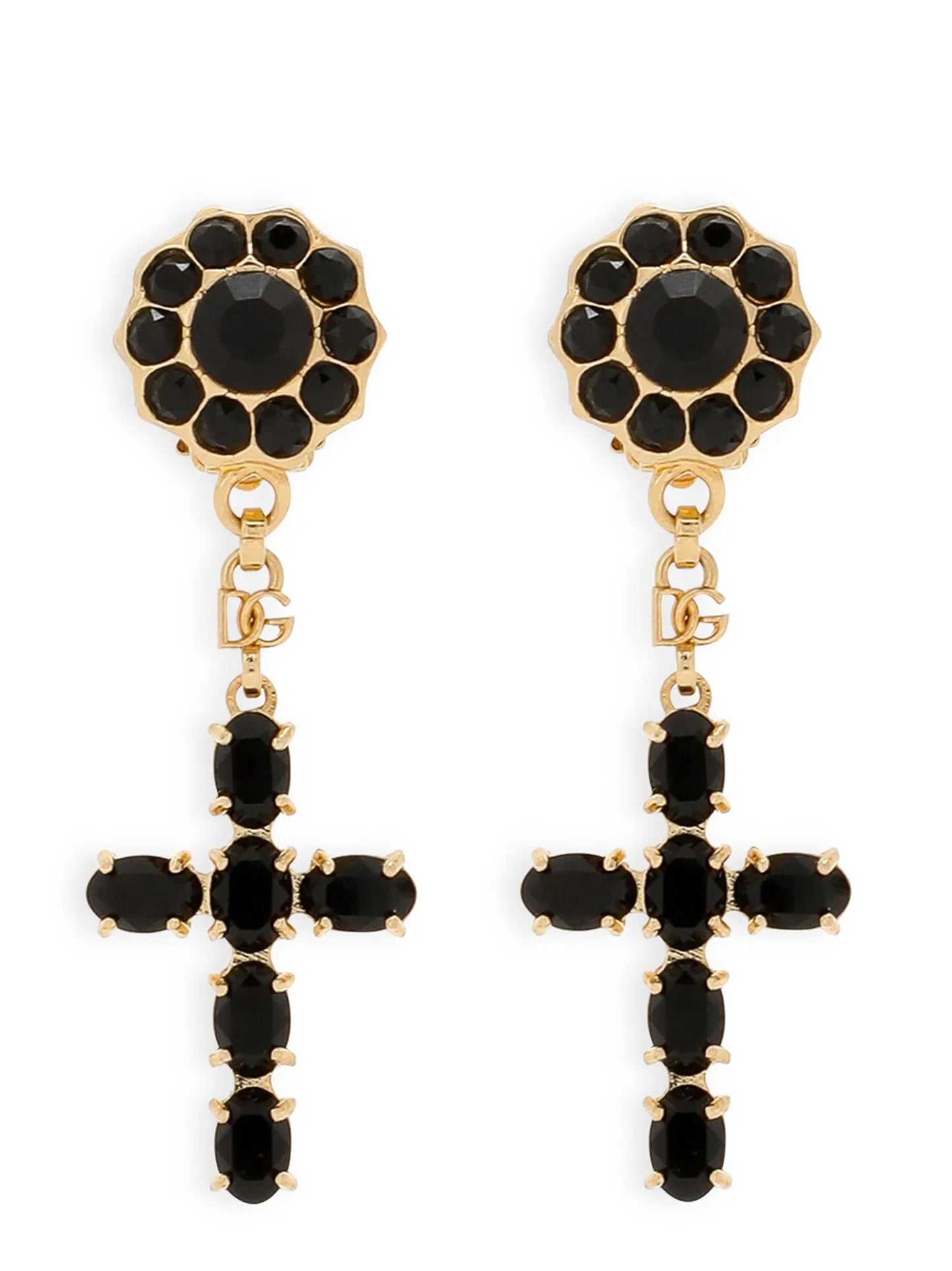 Earrings by Dolce & Gabbana for women in mohair metallized fiber & virgin wool black, gold & monogram presents a curated silhouette, artfully showcasing the curated and refined aesthetic of the Women's Gold Brass & Glass Earrings.