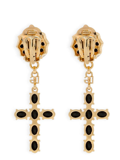 Earrings by Dolce & Gabbana for women in mohair metallized fiber & virgin wool black, gold & monogram showcases a artisanal silhouette, artfully capturing the essence of Women's Gold Brass & Glass Earrings with its exquisite .