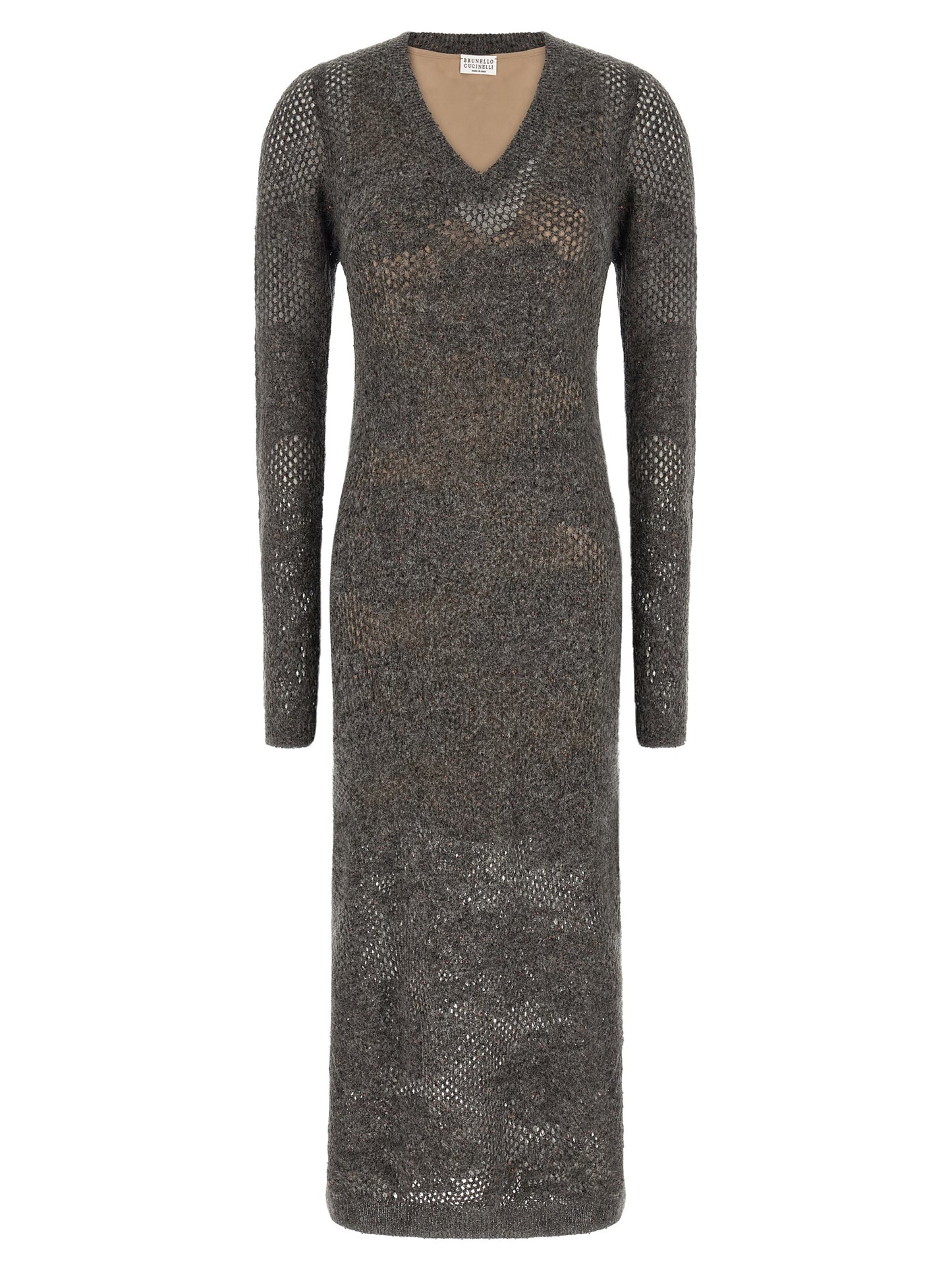 Dress by Brunello Cucinelli for women in mohair metallized fiber & virgin wool gray, transparent & floral features an sultry silhouette defined by a v-neck neckline and long-sleeve, falling to an sultry long for a sultry look.