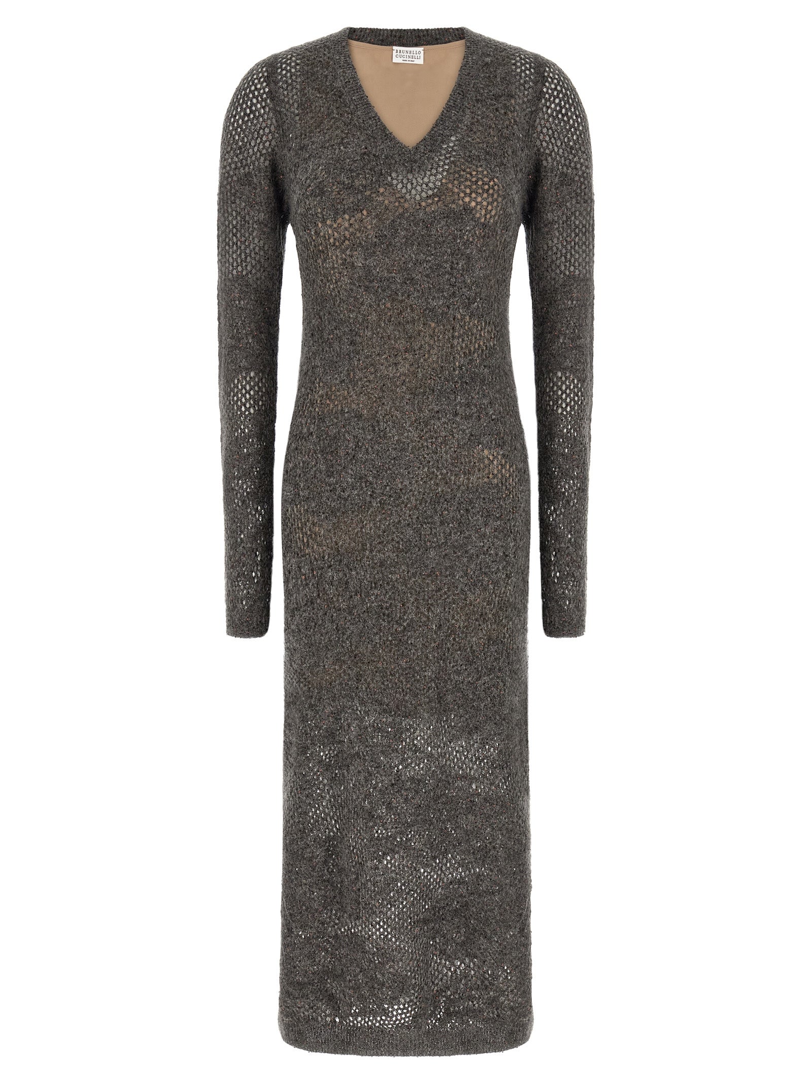 Dress by Brunello Cucinelli for women in mohair metallized fiber & virgin wool gray, transparent & floral features an sultry silhouette defined by a v-neck neckline and long-sleeve, falling to an sultry long for a sultry look.