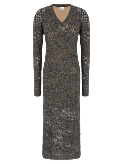 Dress by Brunello Cucinelli for women in mohair metallized fiber & virgin wool gray, transparent & floral features an sultry silhouette defined by a v-neck neckline and long-sleeve, falling to an sultry long for a sultry look.
