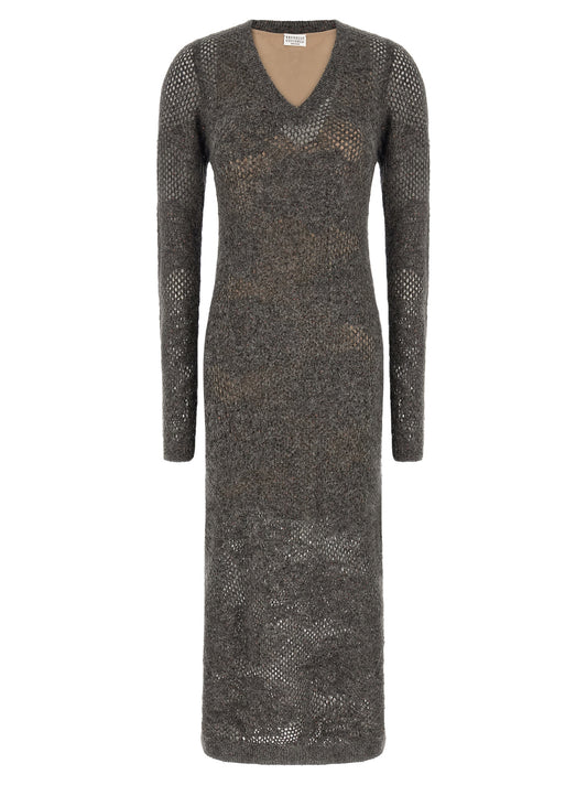 Dress by Brunello Cucinelli for women in mohair metallized fiber & virgin wool gray, transparent & floral features an sultry silhouette defined by a v-neck neckline and long-sleeve, falling to an sultry long for a sultry look.