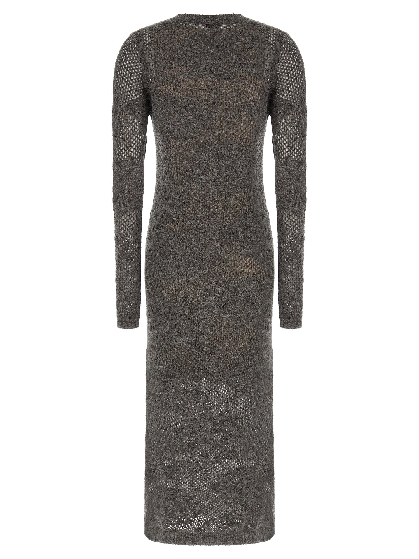 Dress by Brunello Cucinelli for women in mohair metallized fiber & virgin wool gray, transparent & floral features an magnificent silhouette, artfully detailed with a magnificent v-neck neckline and that flows into an magnificent long.