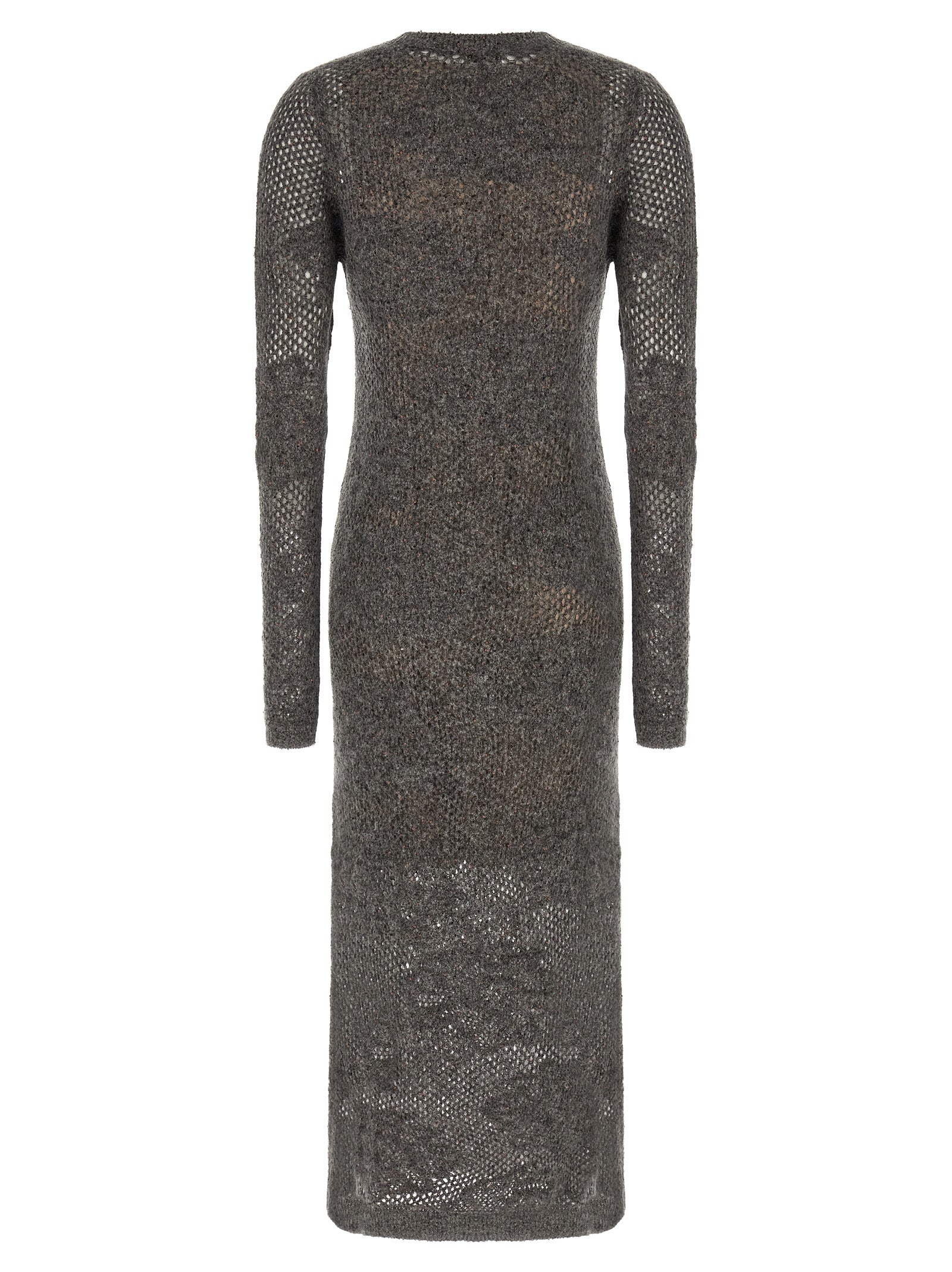Dress by Brunello Cucinelli for women in mohair metallized fiber & virgin wool gray, transparent & floral features an magnificent silhouette, artfully detailed with a magnificent v-neck neckline and that flows into an magnificent long.