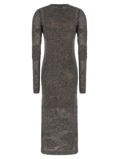 Dress by Brunello Cucinelli for women in mohair metallized fiber & virgin wool gray, transparent & floral features an magnificent silhouette, artfully detailed with a magnificent v-neck neckline and that flows into an magnificent long.
