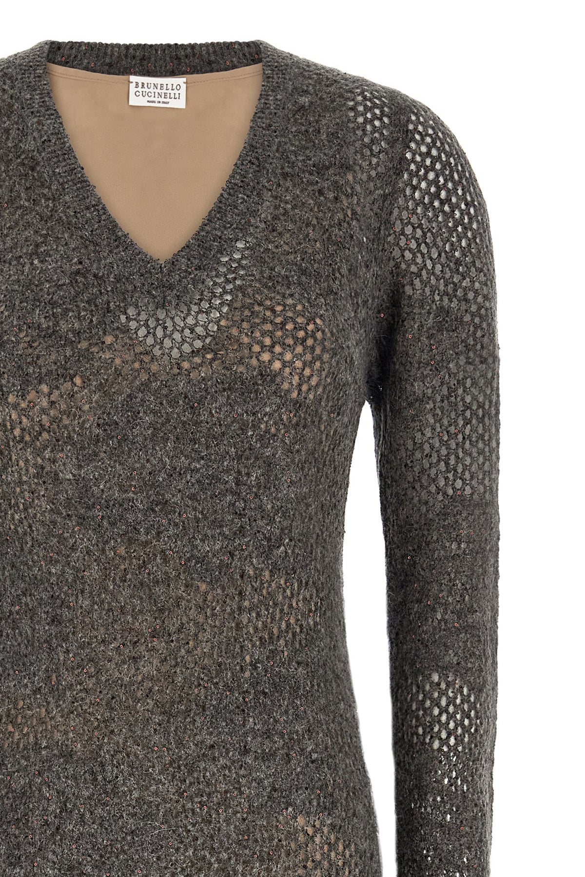 Dress by Brunello Cucinelli for women in mohair metallized fiber & virgin wool gray, transparent & floral showcases a striking silhouette, elegantly detailed with a , refined v-neck neckline, and a striking long for a striking finish.