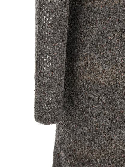 Dress by Brunello Cucinelli for women in mohair metallized fiber & virgin wool gray, transparent & floral presents a sinuous silhouette, showcasing a sophisticated and detailed with a sinuous long for a refined finish.
