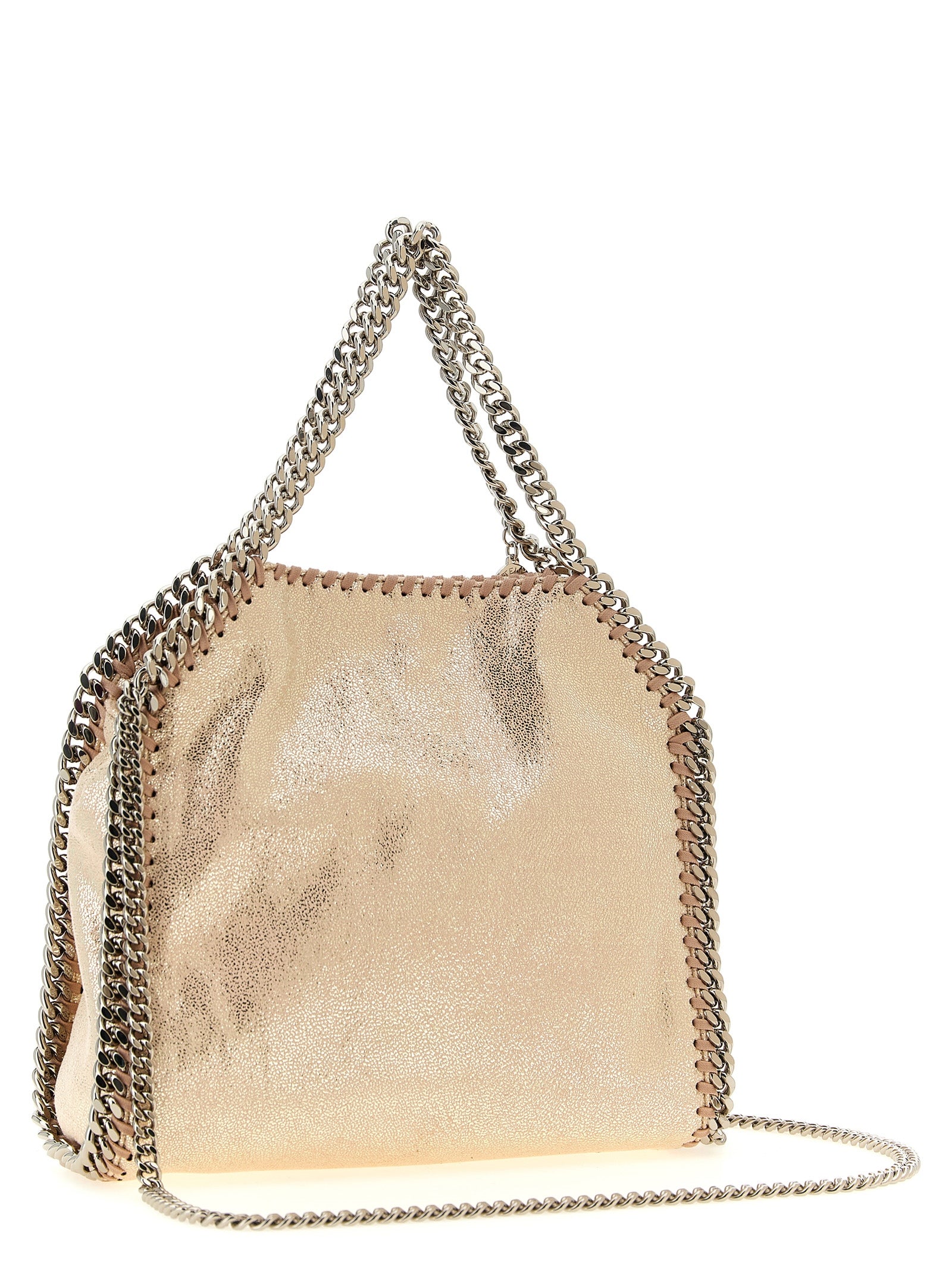 Mini Crossbody Tote Handbag by Stella McCartney for women in palladium & polyester multicolor, palladium & pink features a multifaceted silhouette, showcasing a secure magnetic and multifaceted with versatile crossbody-strap, shoulder-strap & handle for multifaceted style.
